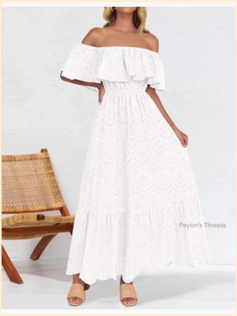 Off Shoulder Ruffle Midi Dress Short Sleeve High Waist Hollow Out Embroidery - Picture 2 of 7